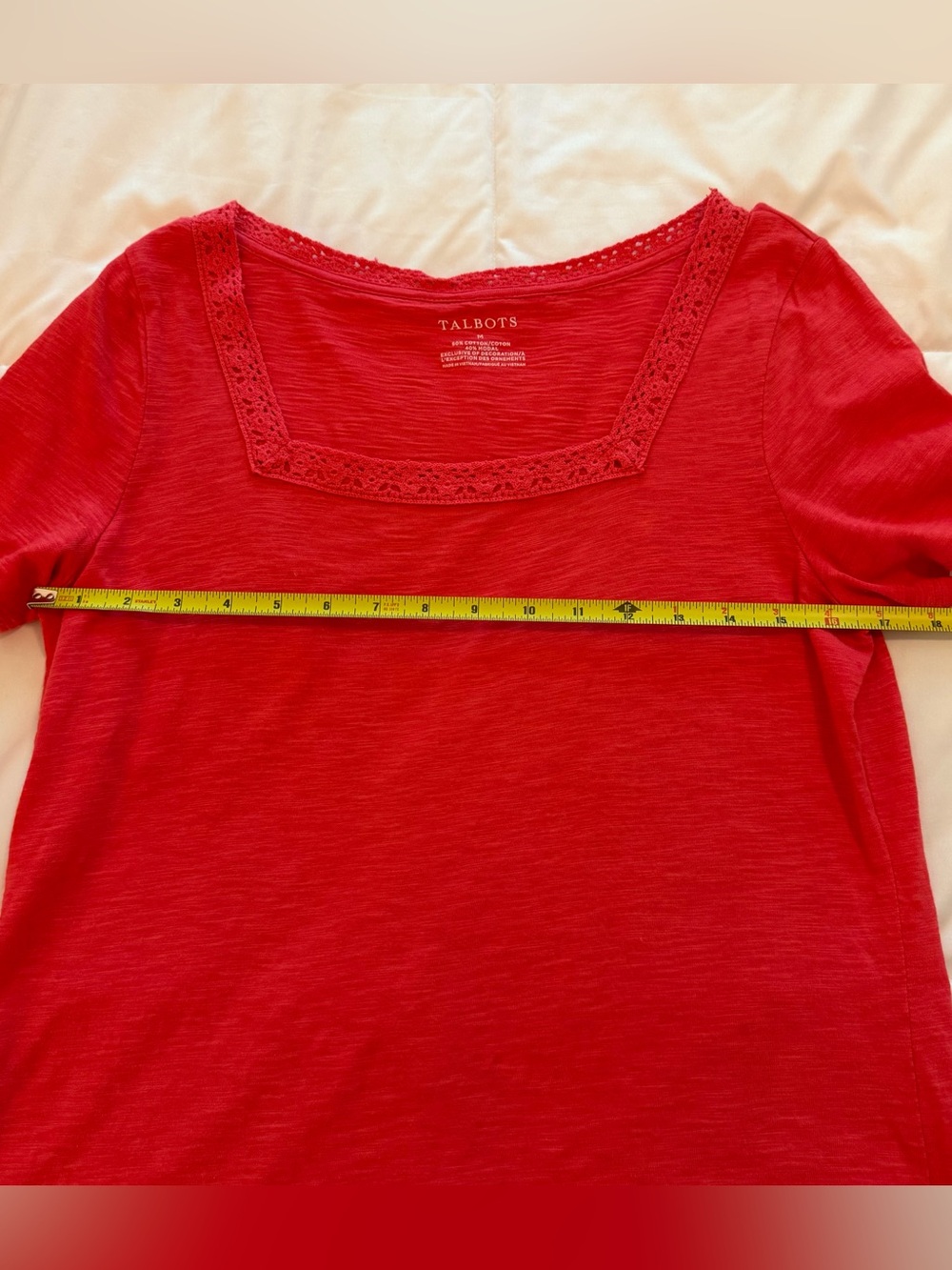 Talbots Bright Red Square Neck Short Sleeve Top with Lace Trim - Picture 5 of 5